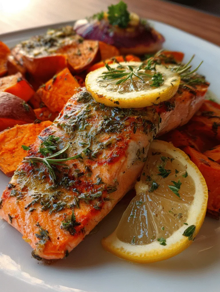 Lemon herb salmon fillet and roasted sweet potatoes—gluten-free one-pan dinner, macro food photo