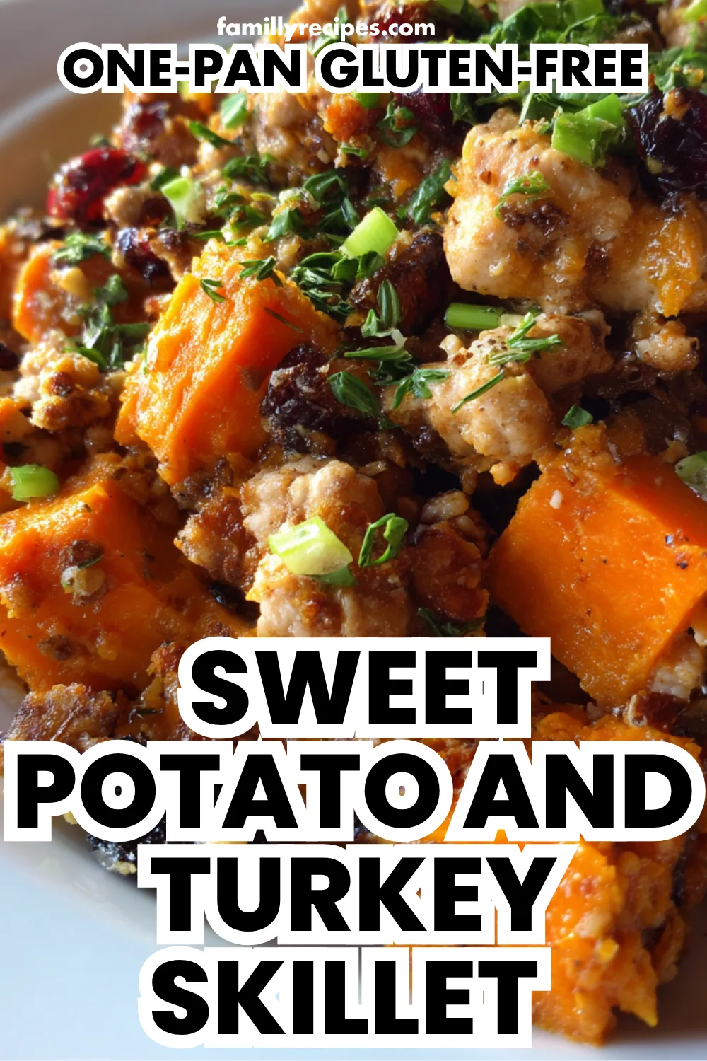 A vibrant, close-up shot of the One-Pan Gluten-Free Sweet Potato and Turkey Skillet in a cast-iron pan, garnished with fresh parsley.