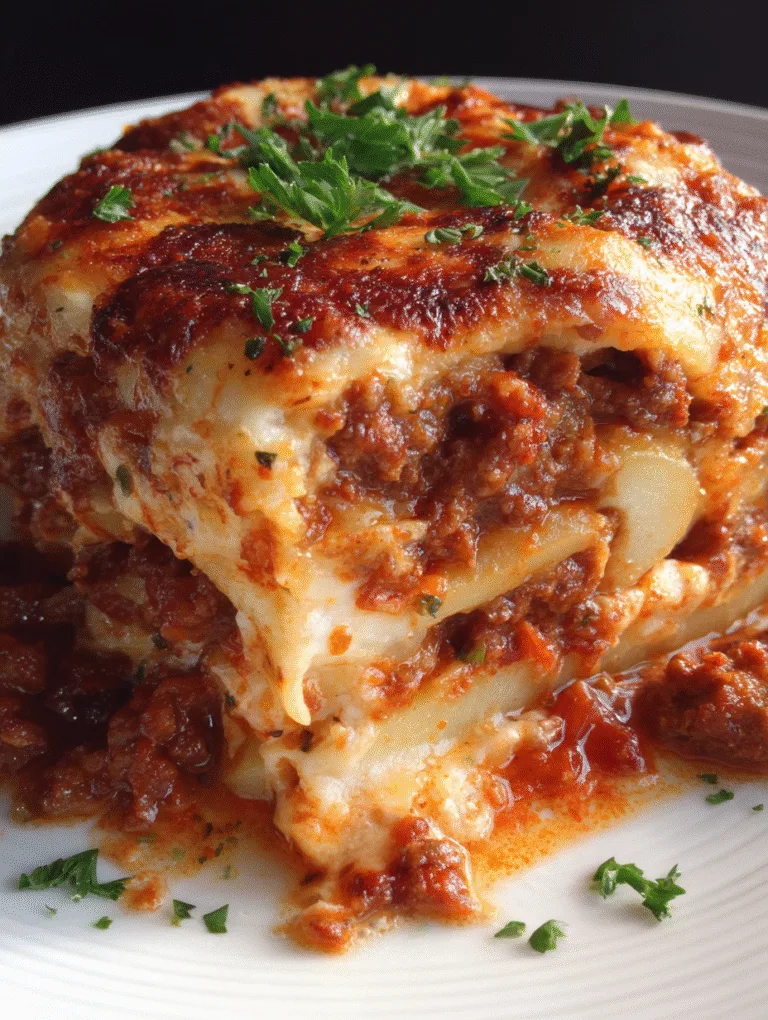 Cheesy lasagna potato casserole baked in one pot, topped with golden parmesan bubbles, macro food photo