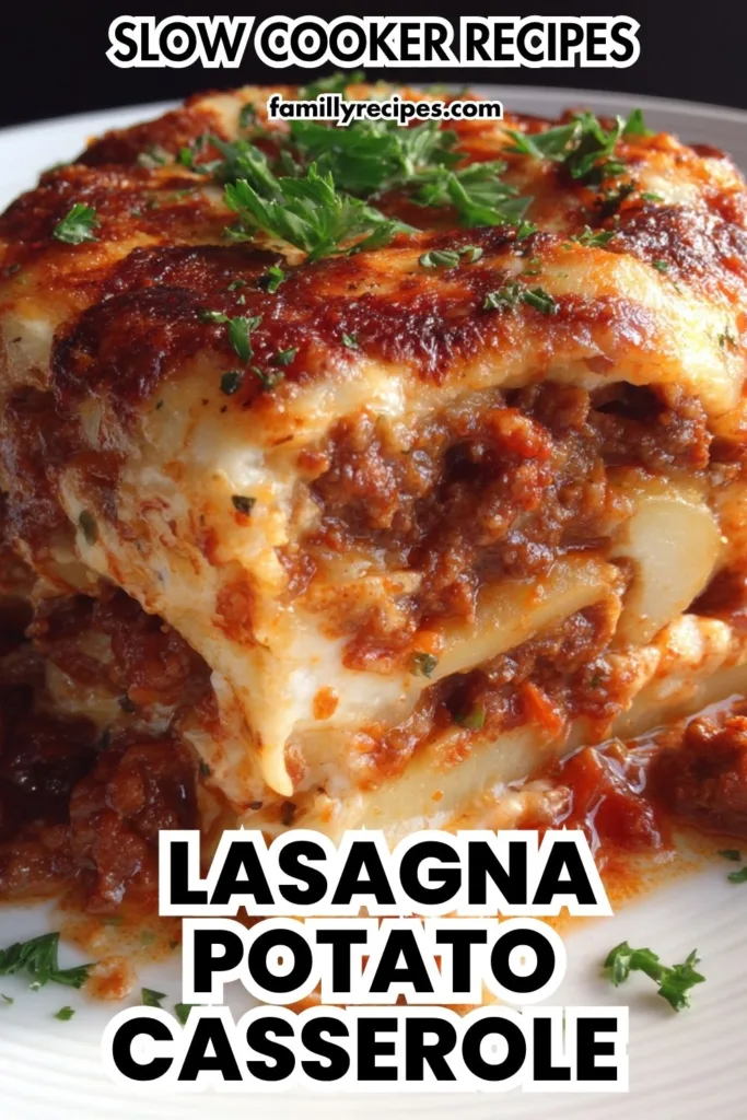 One-Pot Lasagna Potato Casserole: Cheesy lasagna potato casserole baked in one pot, topped with golden parmesan bubbles, macro food photo