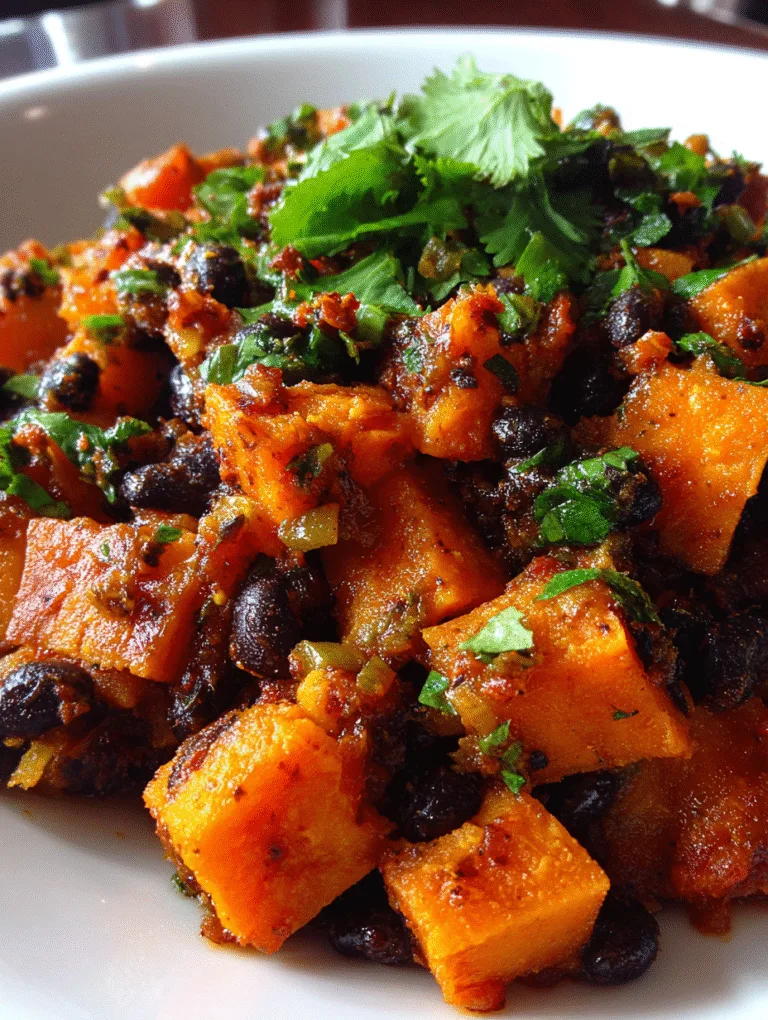 A vibrant overhead shot of the 20-Minute One-Pot Spicy Sweet Potato and Black Bean Skillet in a black cast-iron pan.