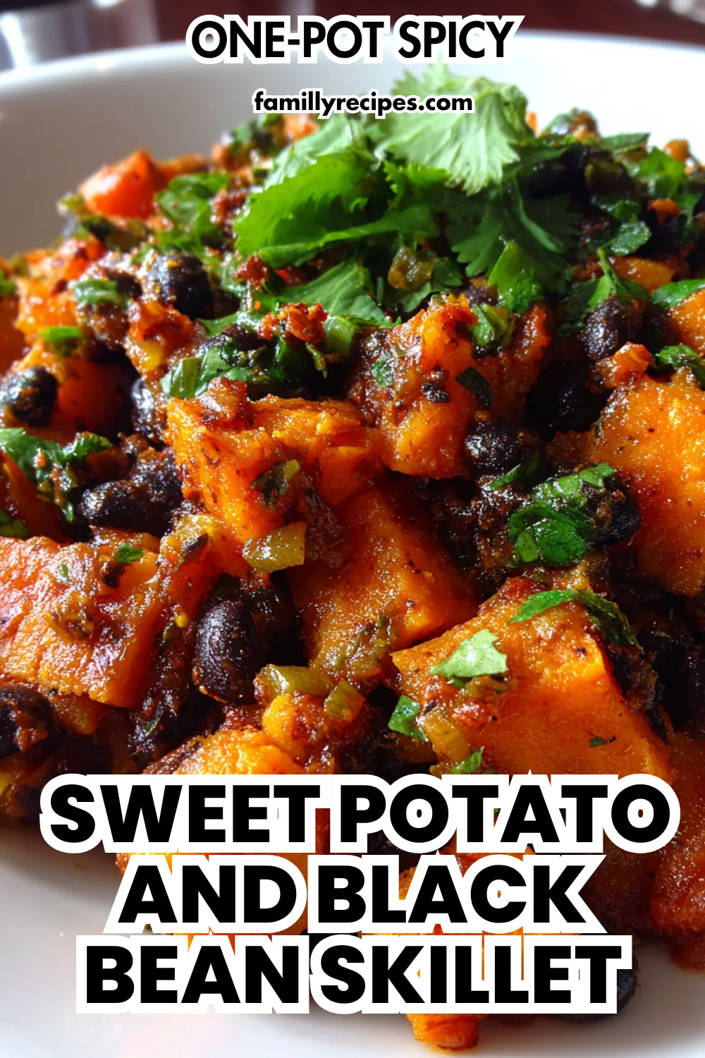 A vibrant overhead shot of the 20-Minute One-Pot Spicy Sweet Potato and Black Bean Skillet in a black cast-iron pan.