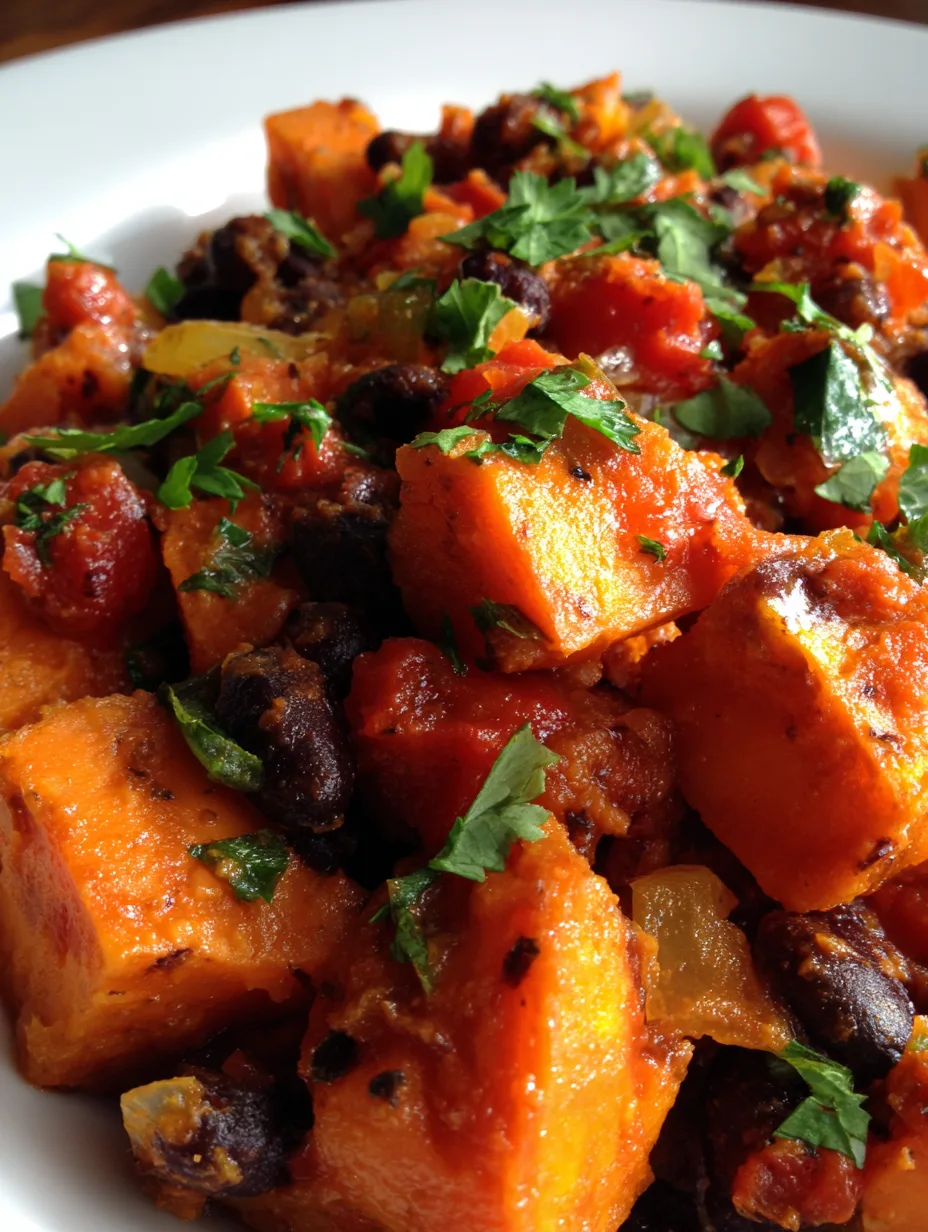 A vibrant overhead shot of the 20-Minute One-Pot Spicy Sweet Potato and Black Bean Skillet in a black cast-iron pan.