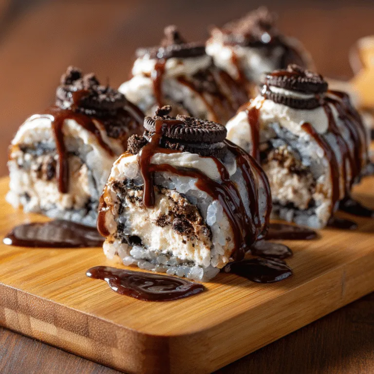 Oreo sushi pieces with vanilla ice cream filling served with sweet dipping sauce on a plate.
