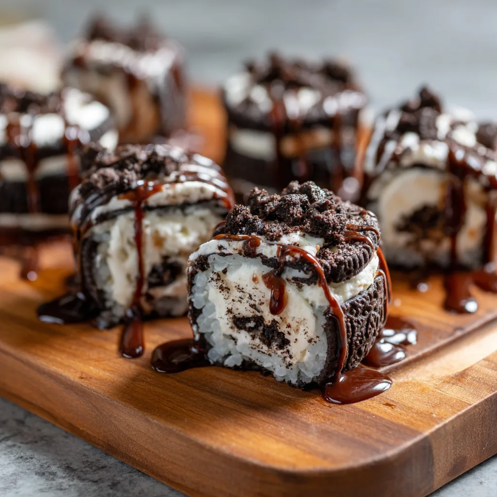 Oreo sushi pieces with vanilla ice cream filling served with sweet dipping sauce on a plate.