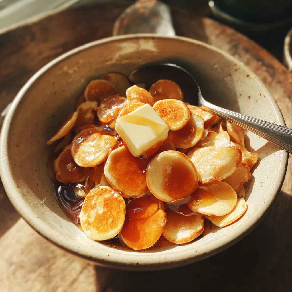 Mini pancake cereal with syrup, butter, and fruit served in a bowl on a breakfast table.