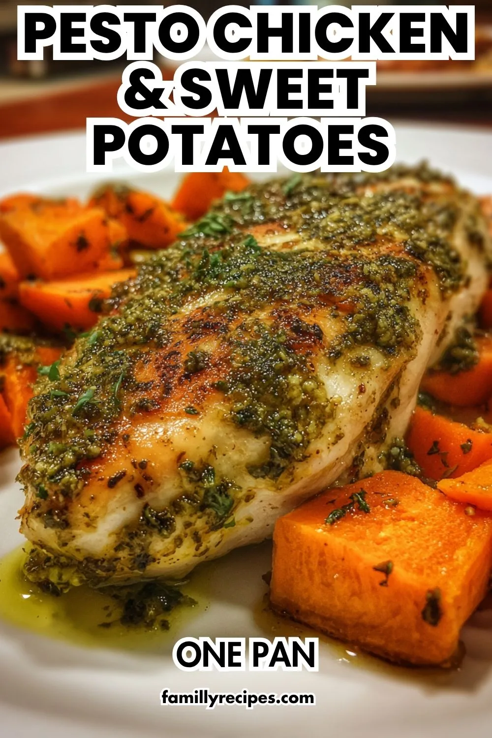 One pan pesto chicken with roasted sweet potatoes, fresh basil garnish, macro food photography