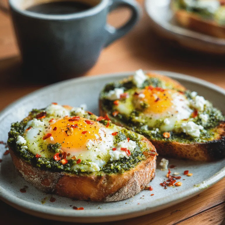 Savory pesto eggs with ricotta and red pepper flakes on toast served on a breakfast table.