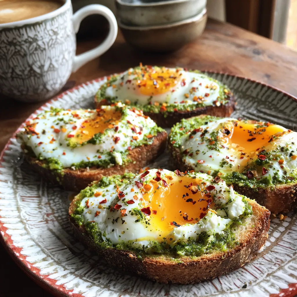 Savory pesto eggs with ricotta and red pepper flakes on toast served on a breakfast table.