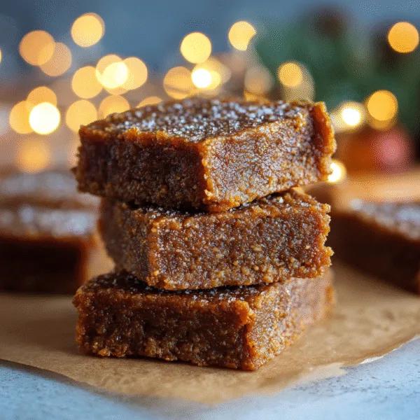 Gingerbread protein bars stacked on parchment paper with holiday lights.