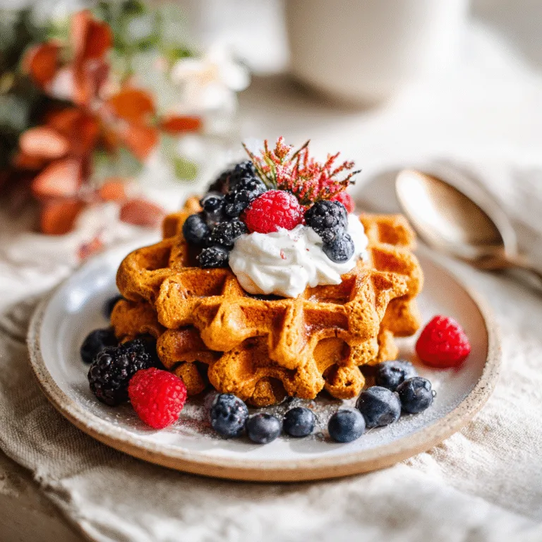 Protein pumpkin spice waffles on a plate with Greek yogurt and berries.