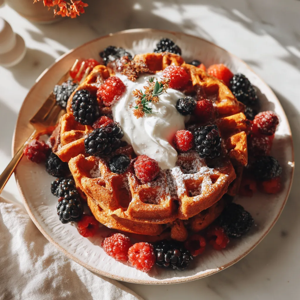 Protein pumpkin spice waffles on a plate with Greek yogurt and berries. Pumpkin Spice Protein Waffles – Healthy Breakfast Boost