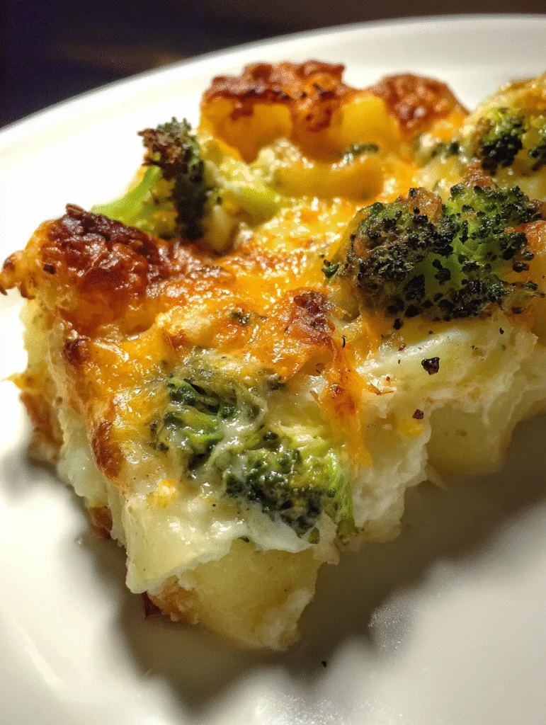 A beautiful overhead shot of the Quick One-Pot Cheesy Broccoli Potato Casserole in a large skillet, with a golden-brown cheesy top.