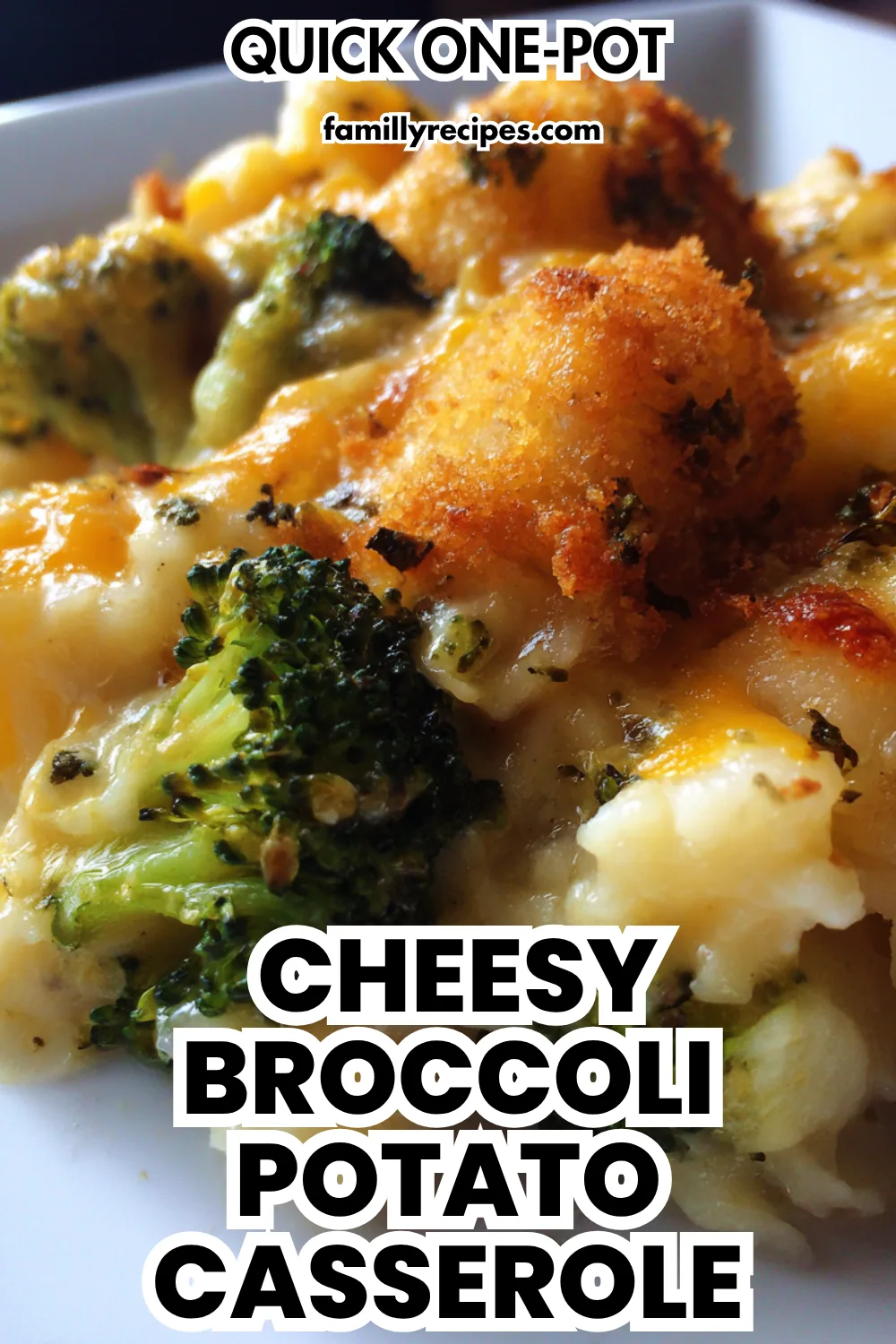 A beautiful overhead shot of the Quick One-Pot Cheesy Broccoli Potato Casserole in a large skillet, with a golden-brown cheesy top.