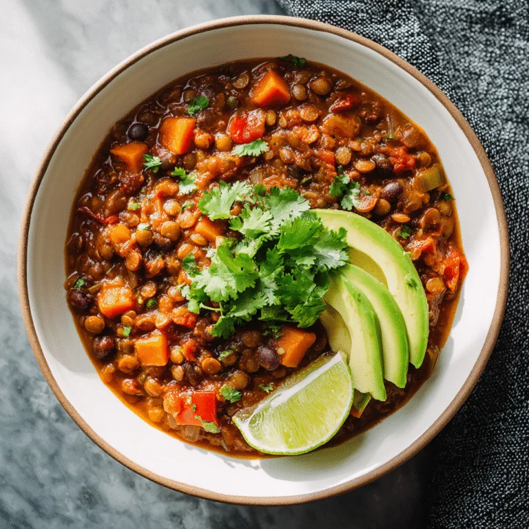 Slow cooker lentil and vegetable chili with beans and vegetables in a bowl.