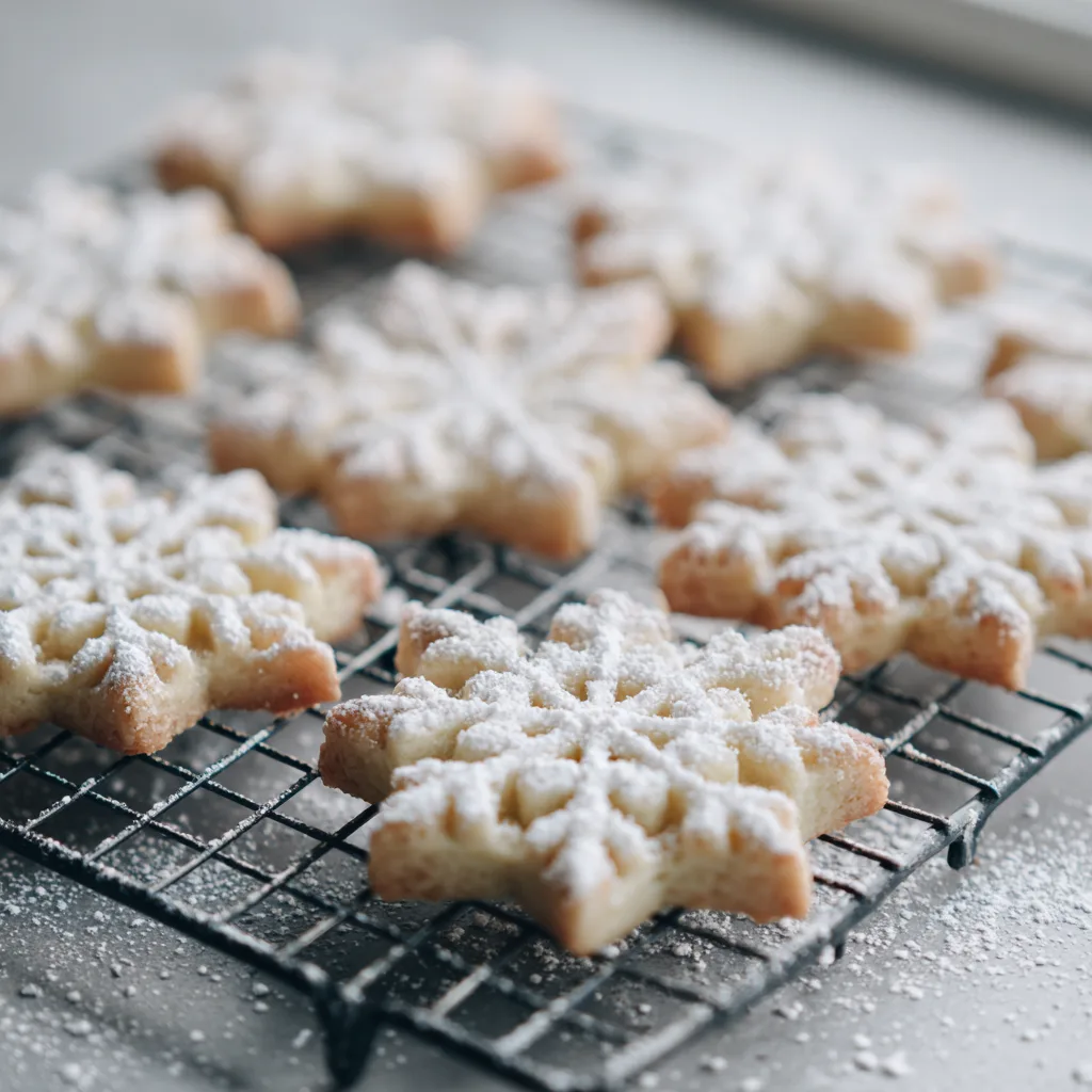 Snowflake Shortbread Cookies FF Snowflake-shaped shortbread cookies dusted with sugar on a cooling rack.