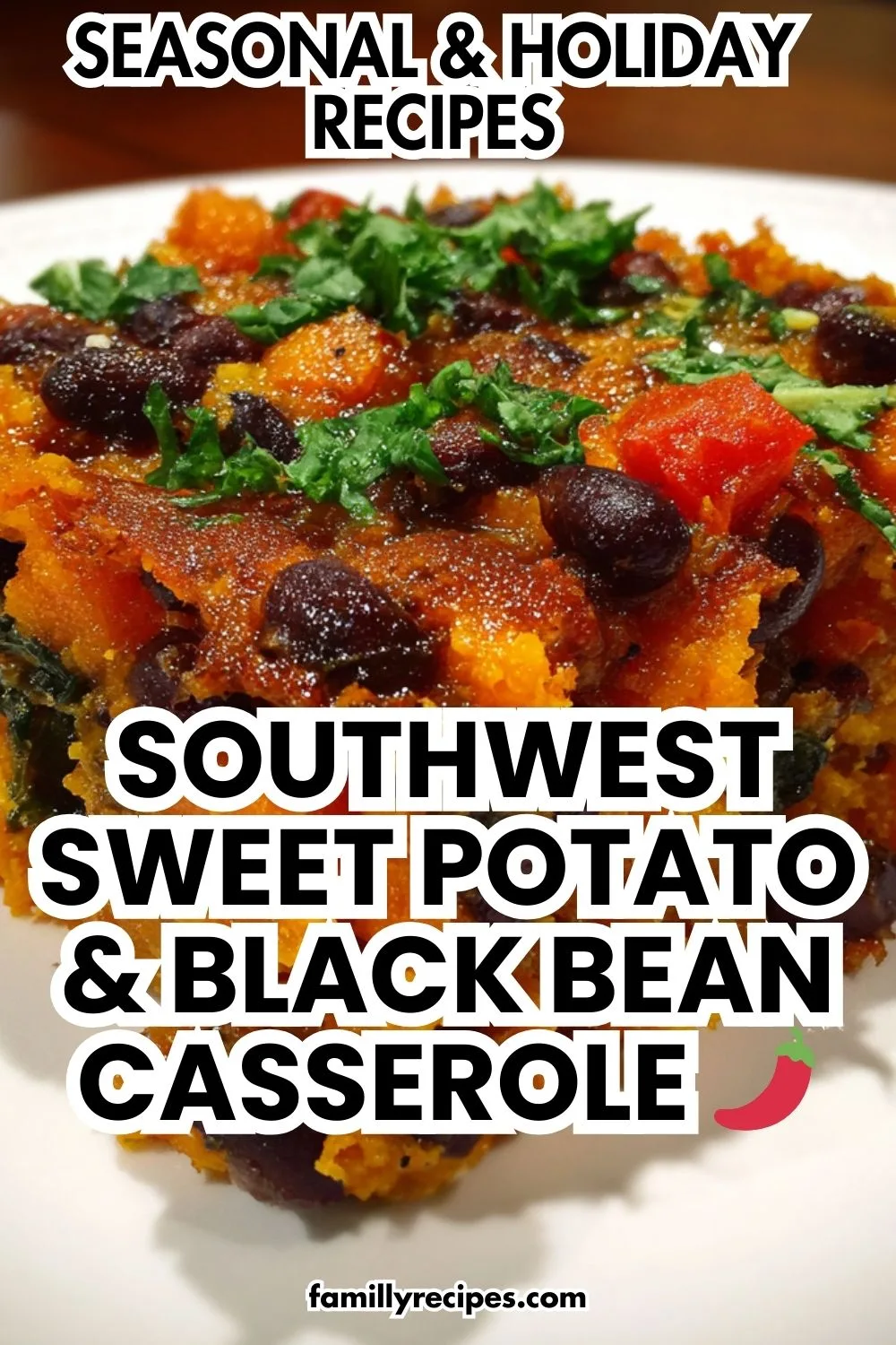 Cheesy sweet potato and black bean casserole with corn and cilantro