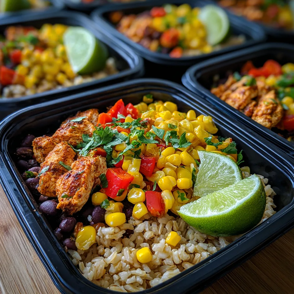 Tex Mex chicken burrito bowls topped with beans, corn, and diced peppers in meal prep containers.