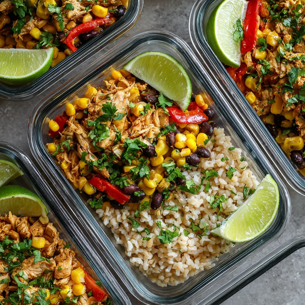 Tex Mex chicken burrito bowls topped with beans, corn, and diced peppers in meal prep containers.