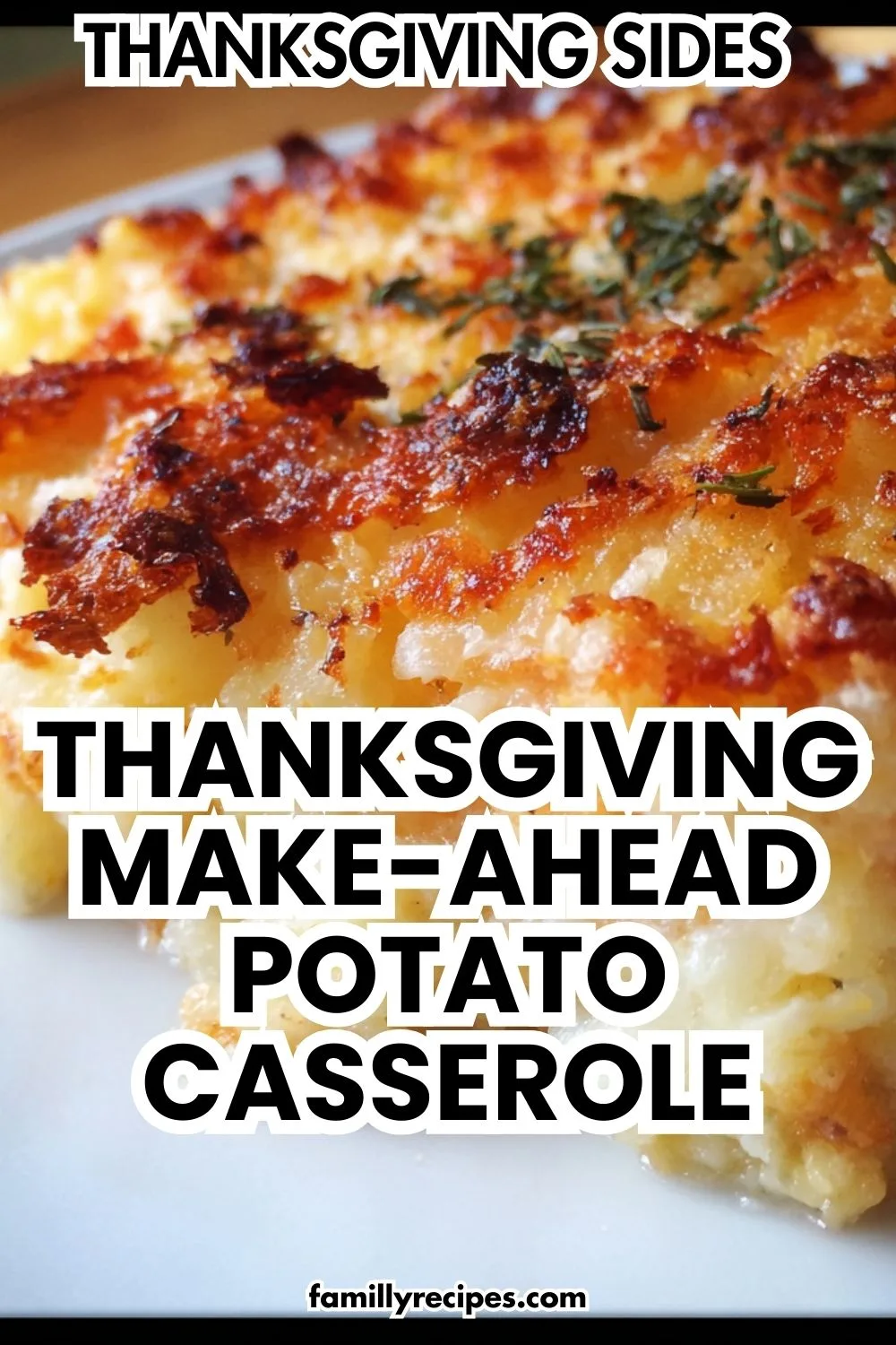 Golden baked make-ahead potato casserole with crispy panko topping in a white baking dish.