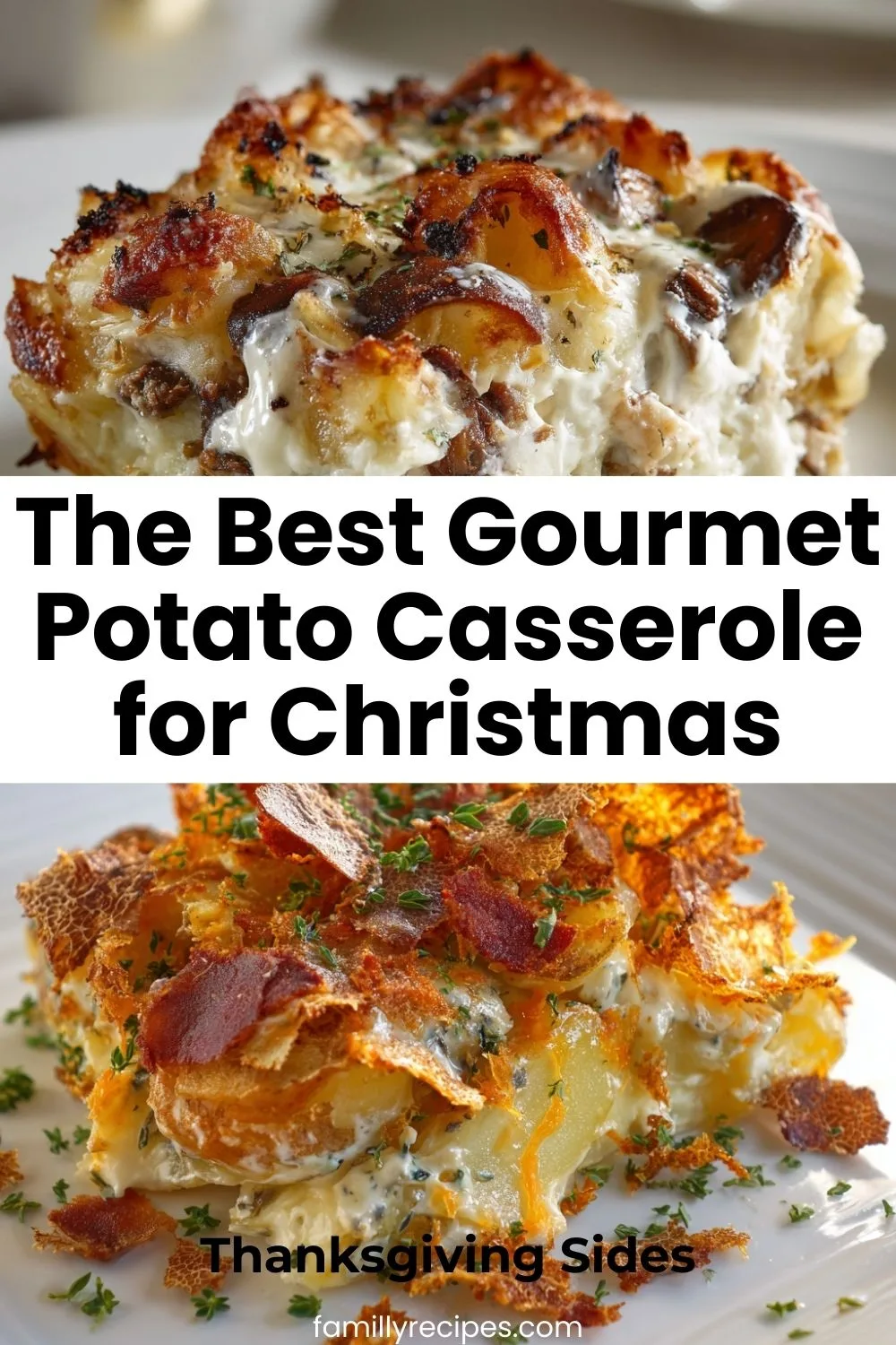 Creamy truffle loaded potato casserole with bacon and chives in a baking dish