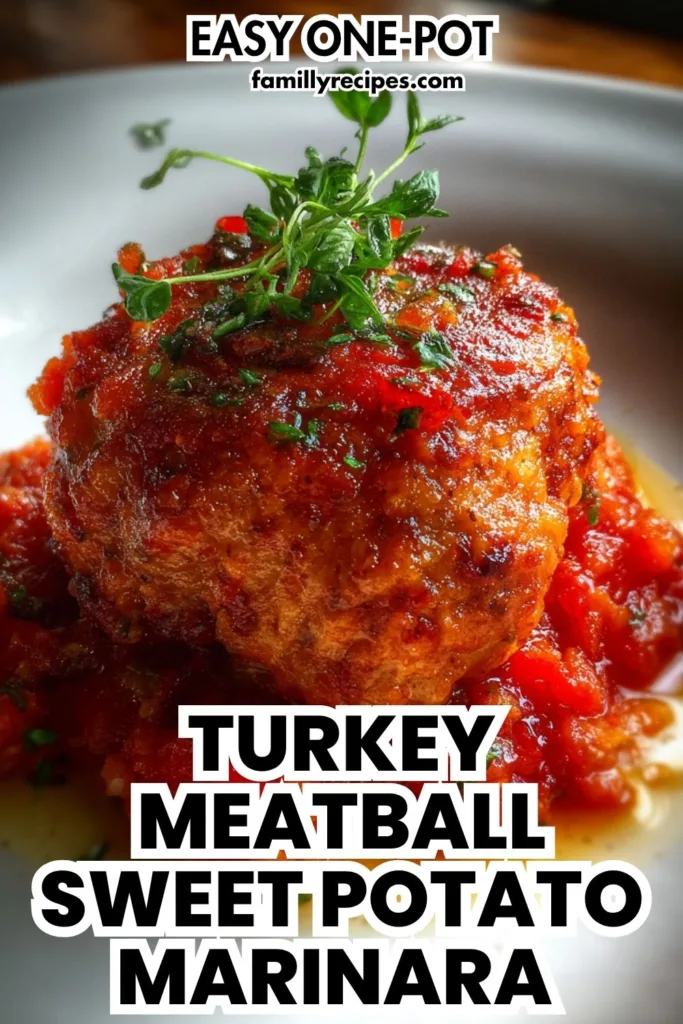 One-Pot Turkey Meatball Sweet Potato Marinara – Cozy Slow Cooker Comfort: Juicy turkey meatball with sweet potatoes in marinara sauce, slow cooker one-pot, macro food photo