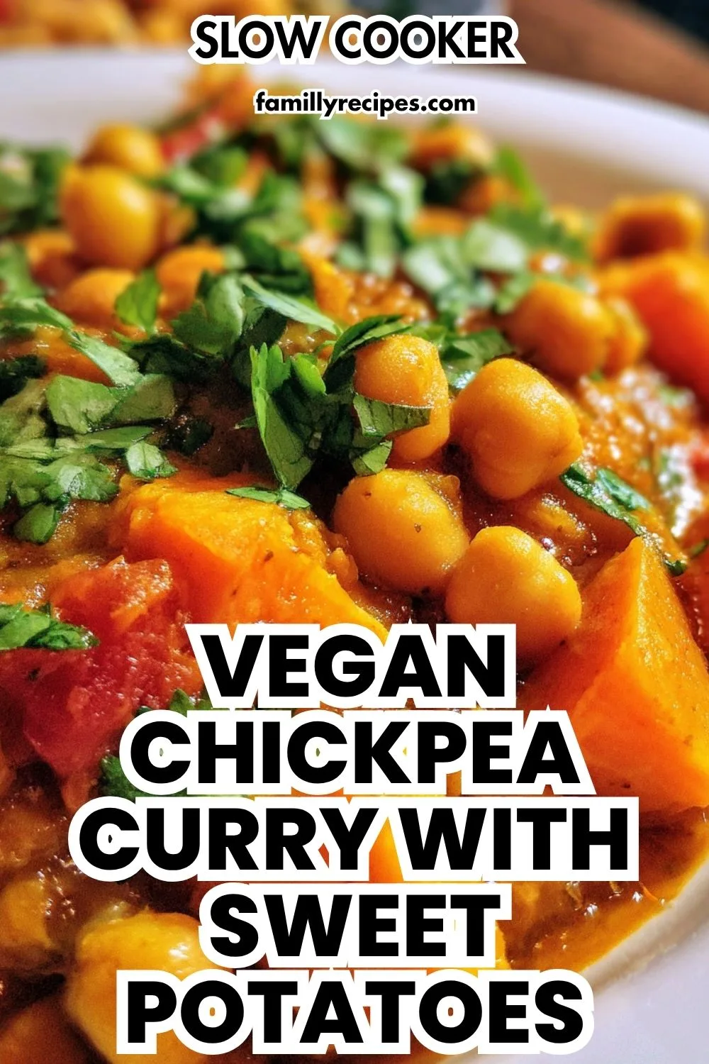 Vegan chickpea curry with sweet potatoes, spinach, and cilantro—slow cooker, macro food photo