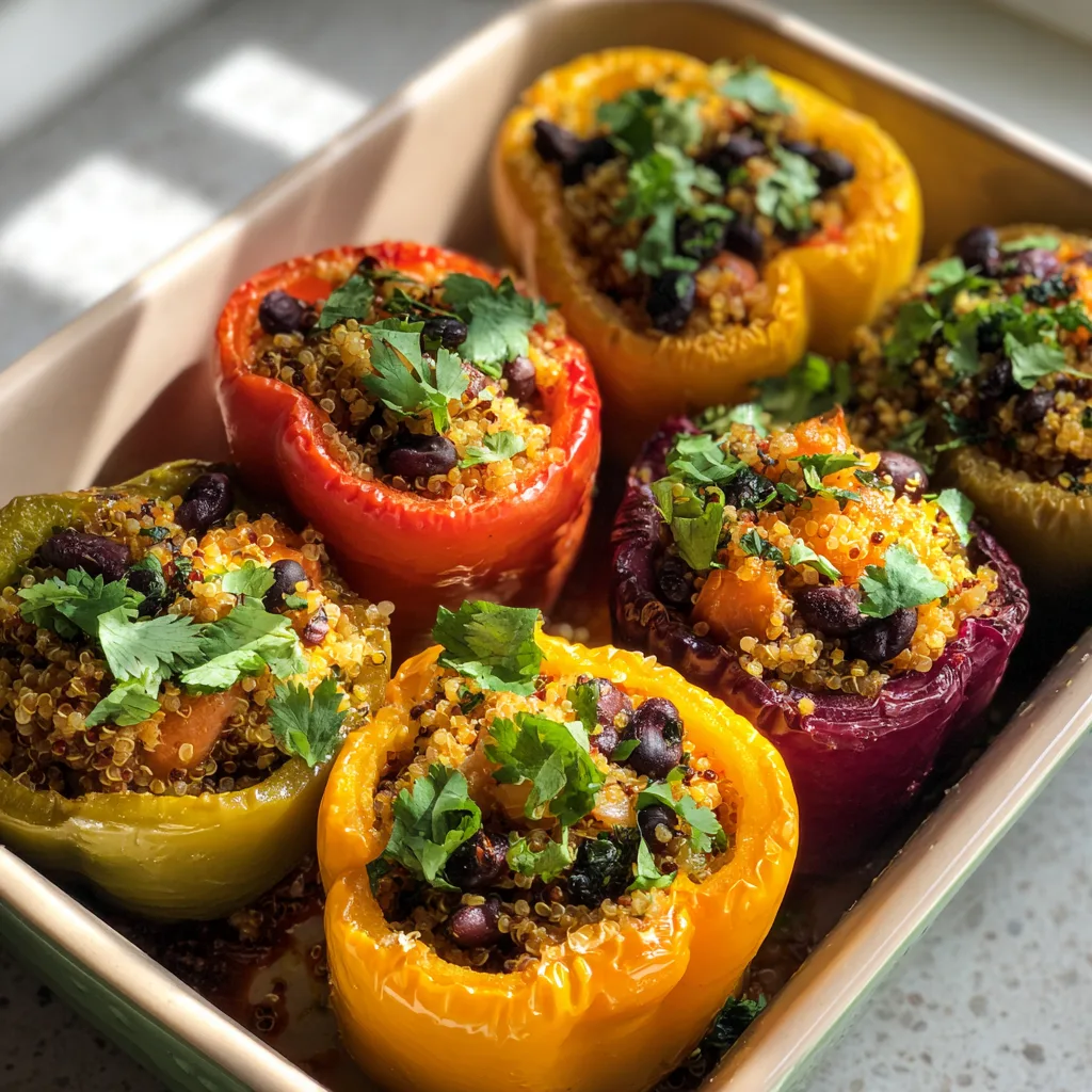 Colorful bell peppers stuffed with quinoa and black beans on a baking dish.
