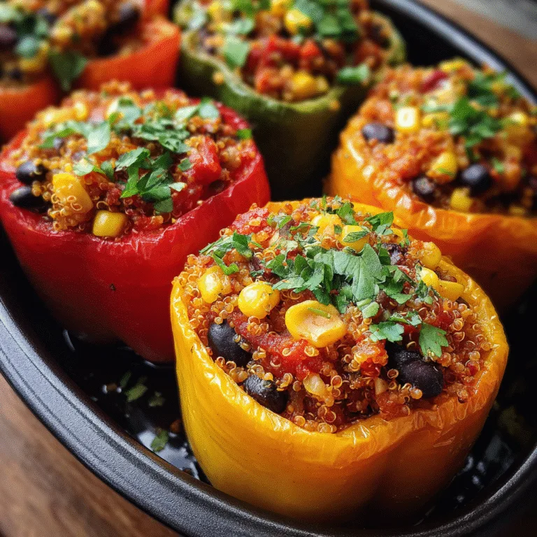 Colorful bell peppers stuffed with quinoa and black beans on a baking dish.