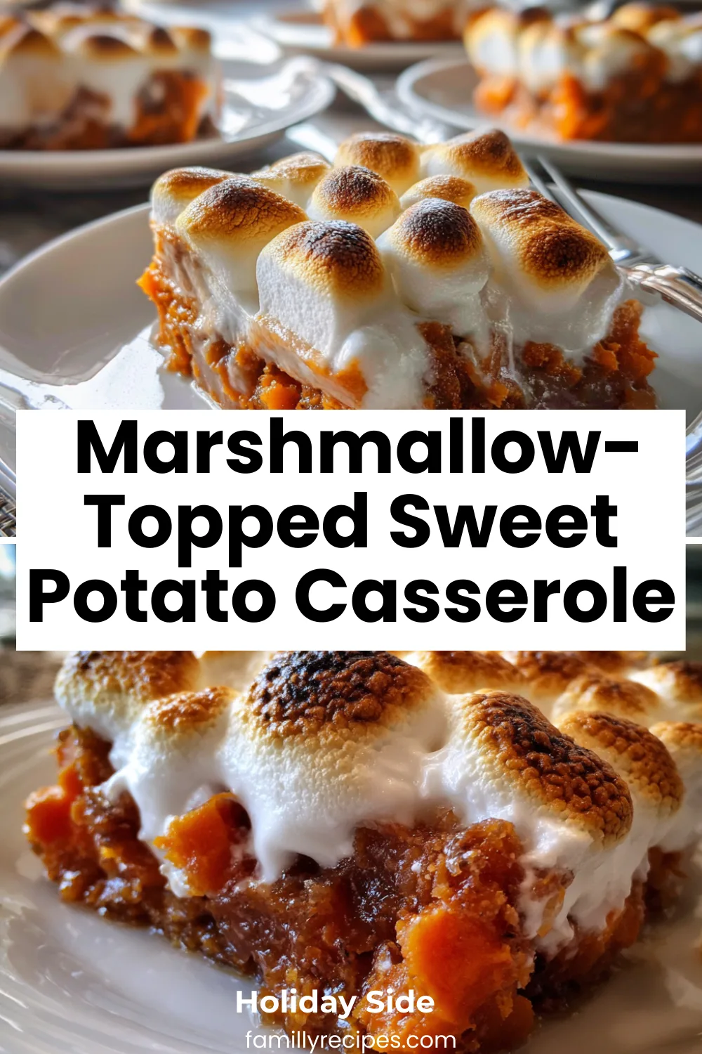 Sweet potato casserole with marshmallow topping, baked golden and bubbly—classic holiday dish