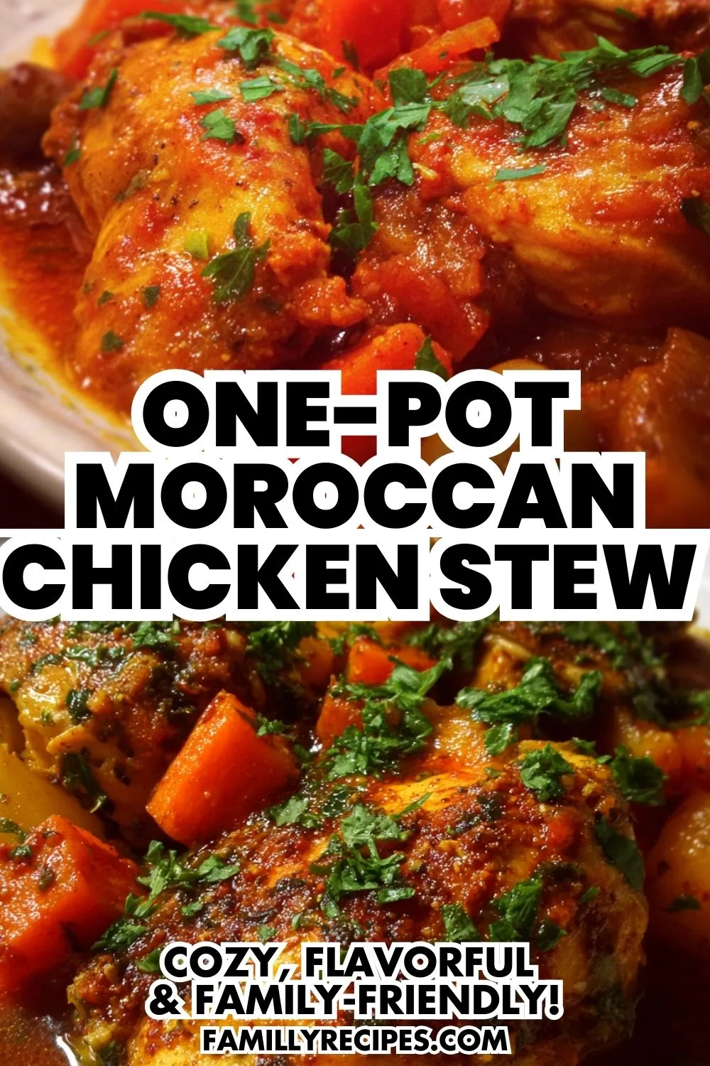Easy Moroccan chicken stew with tender chicken thighs, red and green bell peppers, carrots, and fresh herbs in a rich tomato sauce