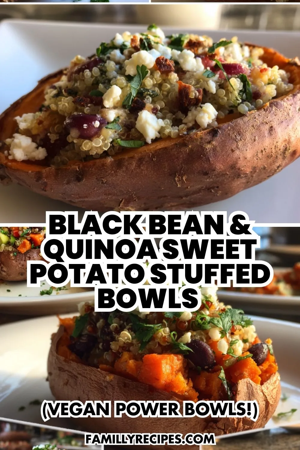 Black Bean and Quinoa Sweet Potato Stuffed Bowls - Vegan Power Bowls Black Bean and Quinoa Sweet Potato Stuffed Bowls with colorful toppings on white plate