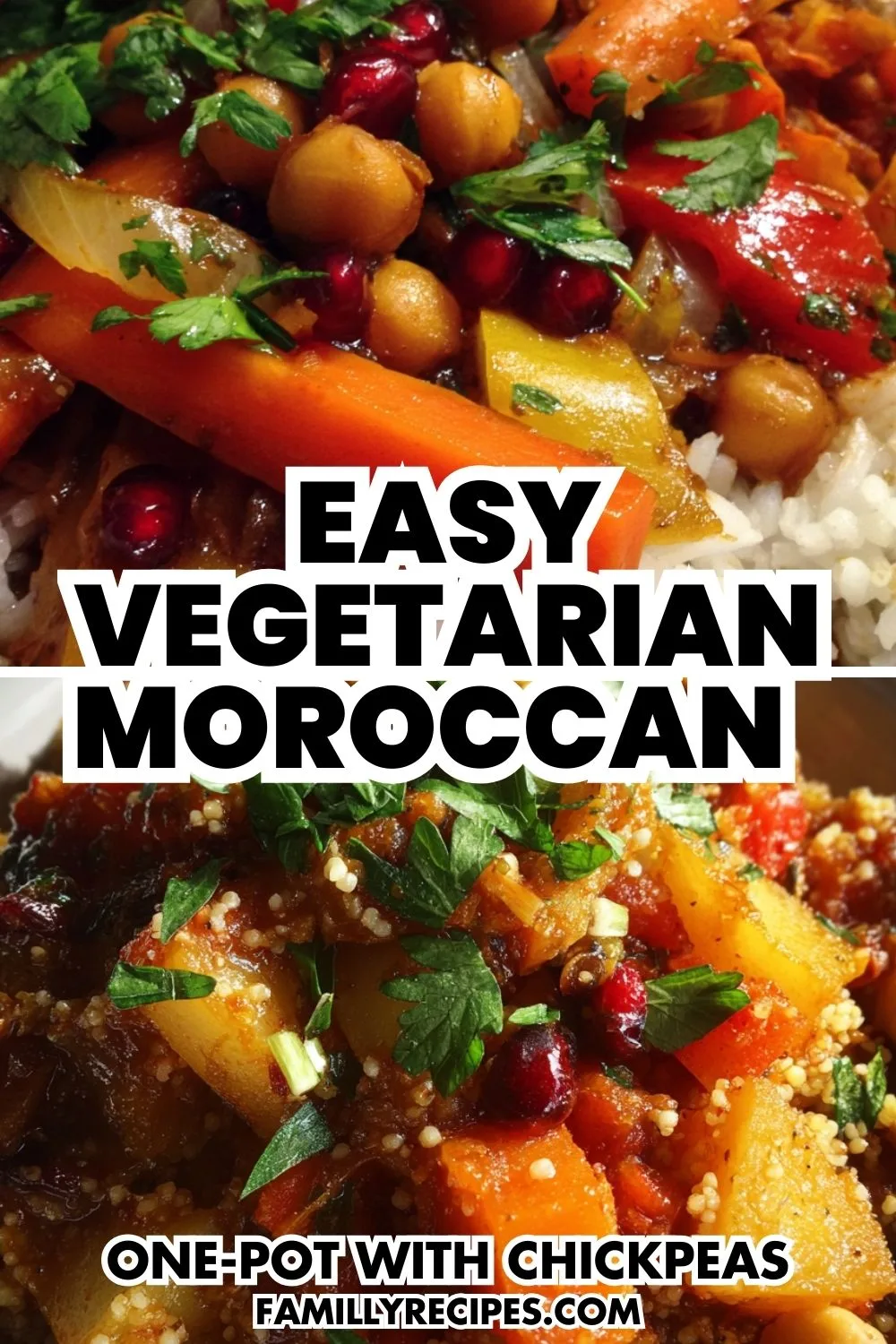 Vegetarian Moroccan one-pot stew with chickpeas, sweet potatoes, carrots, bell peppers, and fresh cilantro garnish served over couscous