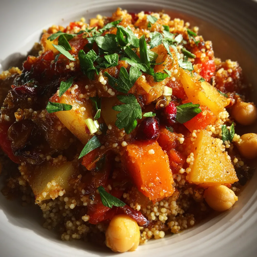 30-Minute Vegetarian Moroccan One-Pot (1) Vegetarian Moroccan one-pot stew with chickpeas, sweet potatoes, carrots, bell peppers, and fresh cilantro garnish served over couscous