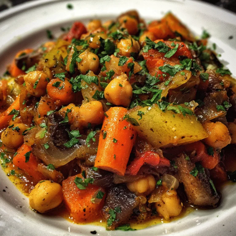 Vegetarian Moroccan one-pot stew with chickpeas, sweet potatoes, carrots, bell peppers, and fresh cilantro garnish served over couscous