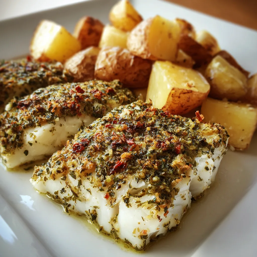 Baked cod fillets with herb crust and roasted potatoes on white plate with lemon