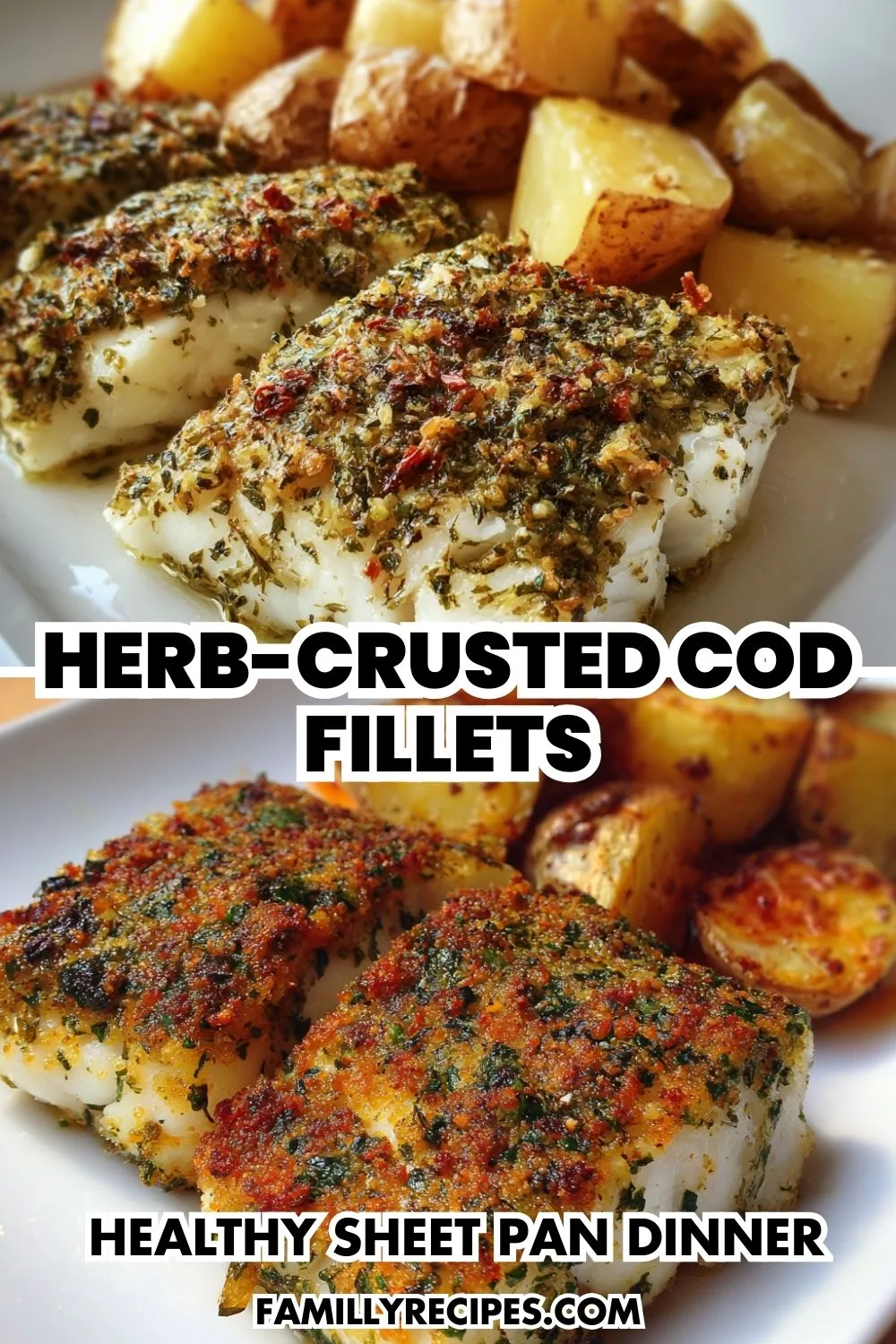 Baked cod fillets with herb crust and roasted potatoes on white plate with lemon