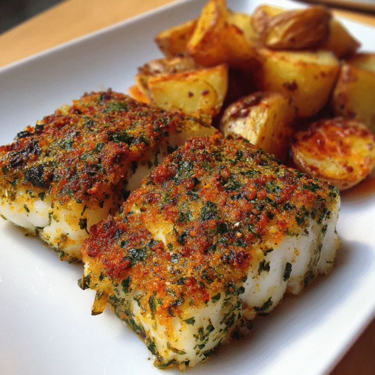 Baked cod fillets with herb crust and roasted potatoes on white plate with lemon