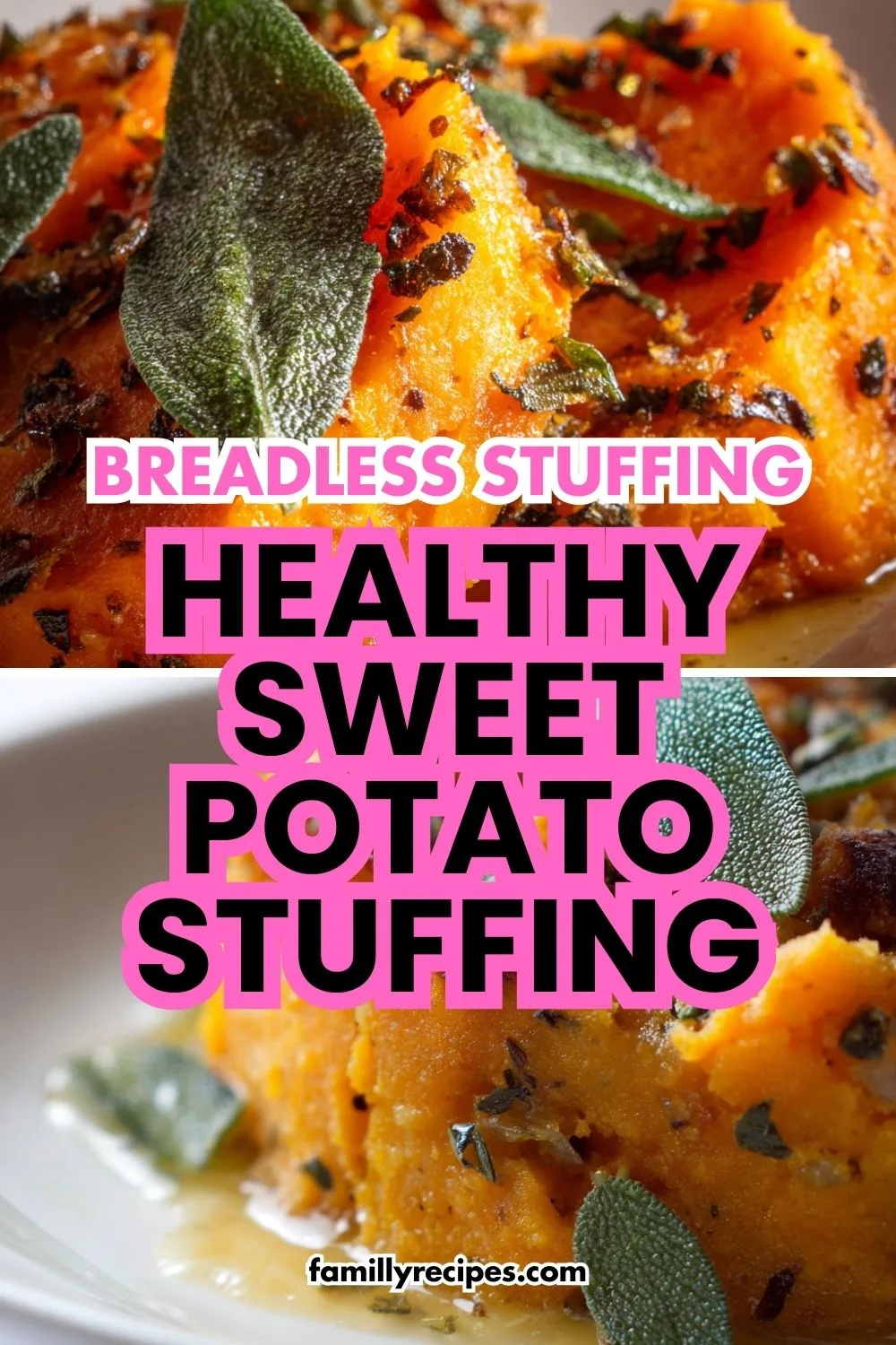 Roasted sweet potato and sage dressing with apples and pecans in a baking dish.
