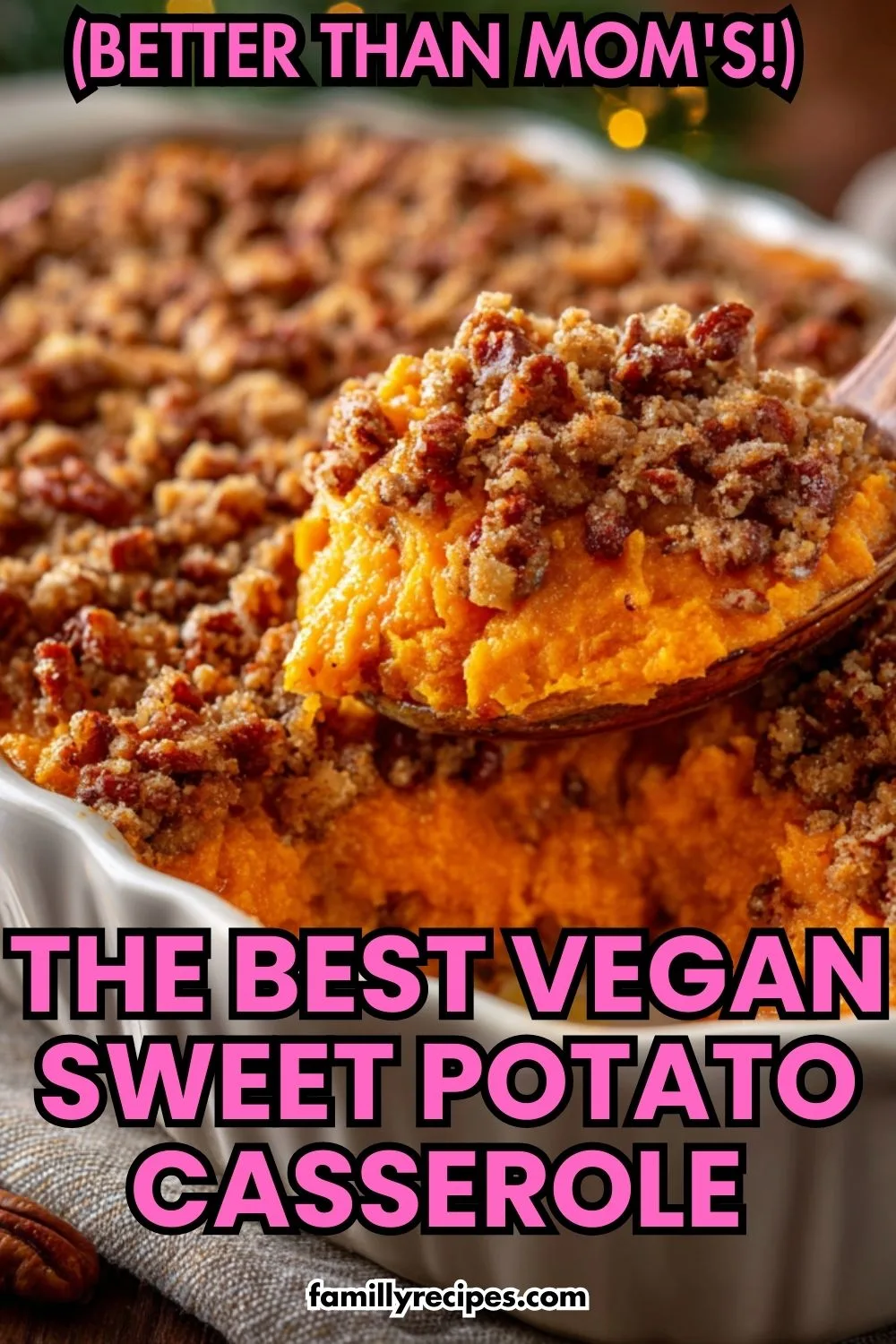 Vegan sweet potato casserole with pecan crumble topping in a white baking dish