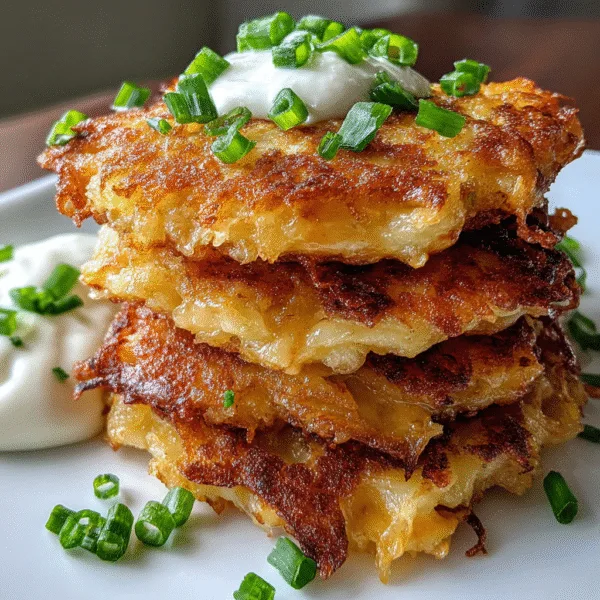 Crispy potato and cheese fritters stacked on a white plate with sour cream and green onions