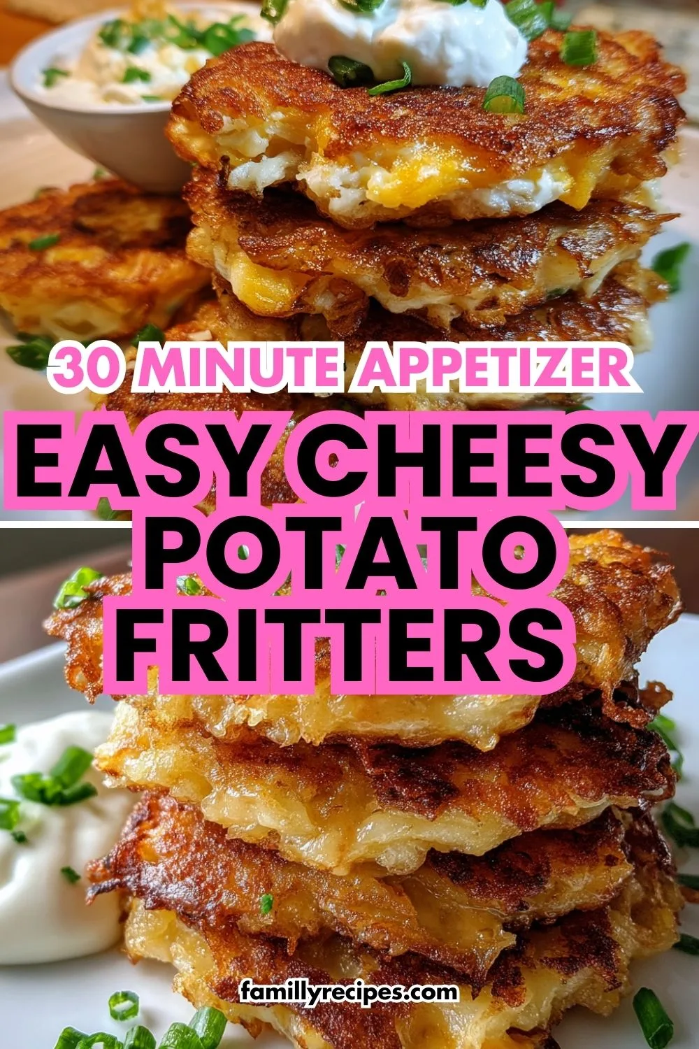 Crispy potato and cheese fritters stacked on a white plate with sour cream and green onions