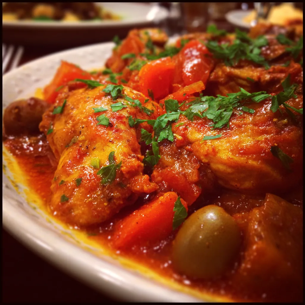 Easy Moroccan chicken stew with tender chicken thighs, red and green bell peppers, carrots, and fresh herbs in a rich tomato sauce