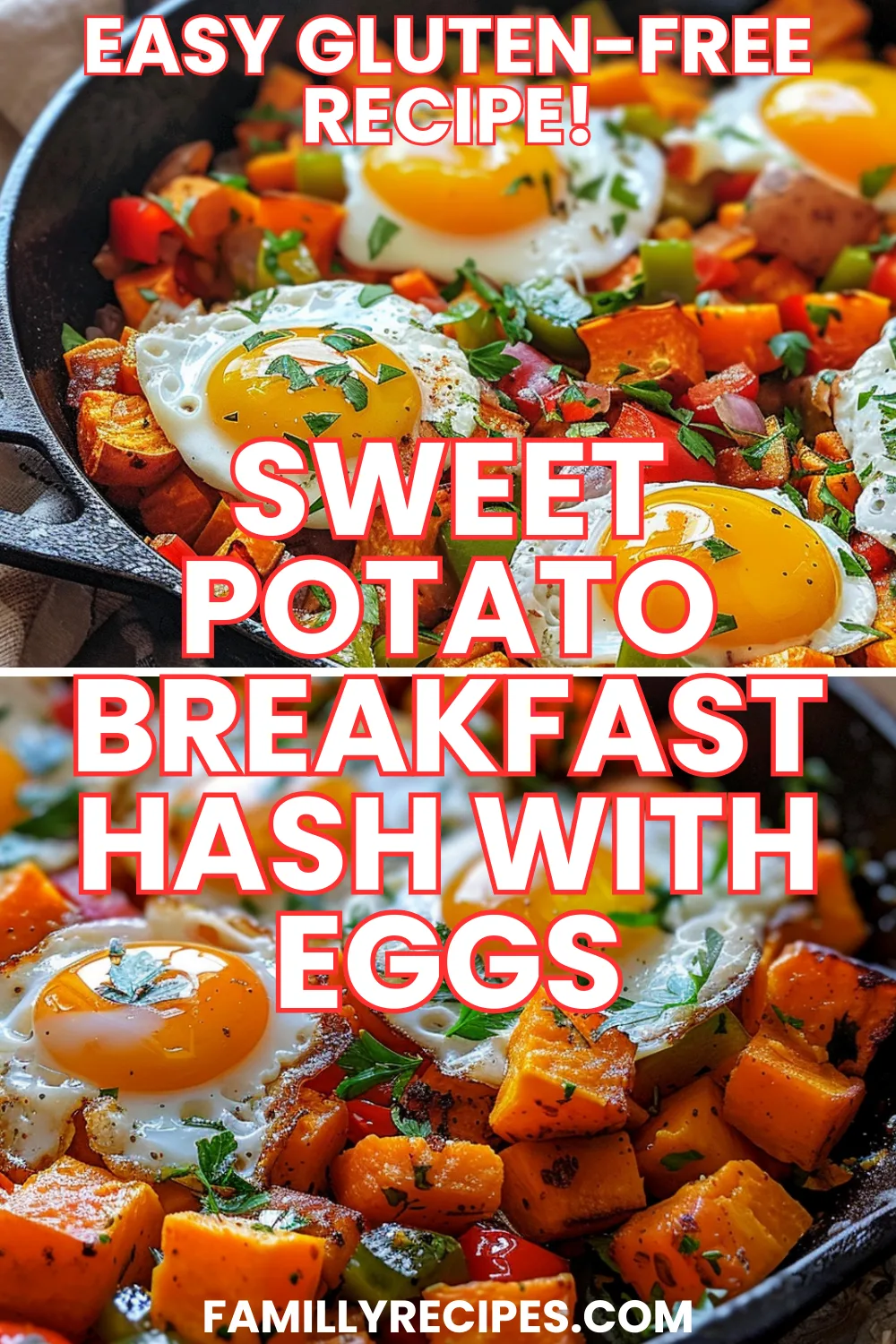 One-pan sweet potato breakfast hash with eggs in cast iron skillet, garnished with fresh herbs