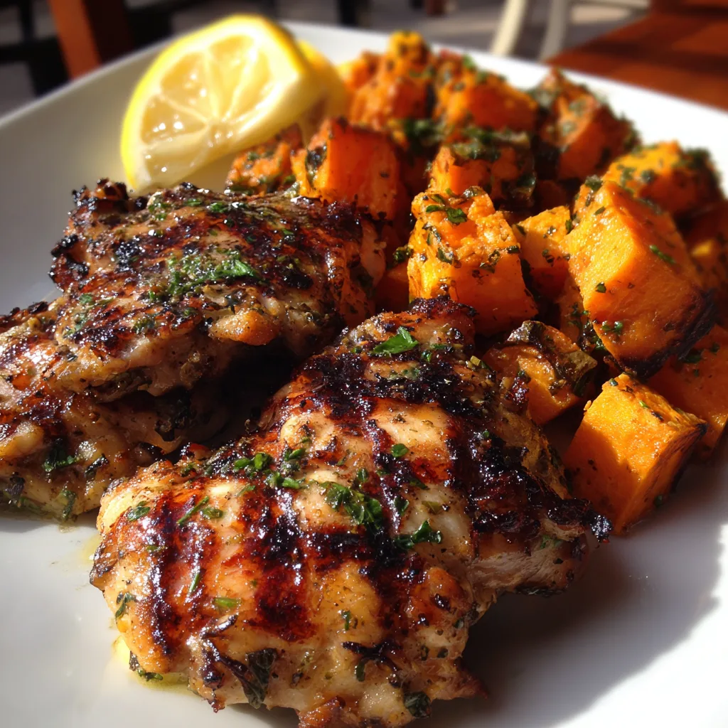 Grilled Chicken Thighs with Herb-Roasted Sweet Potatoes served on white plate with crispy golden skin