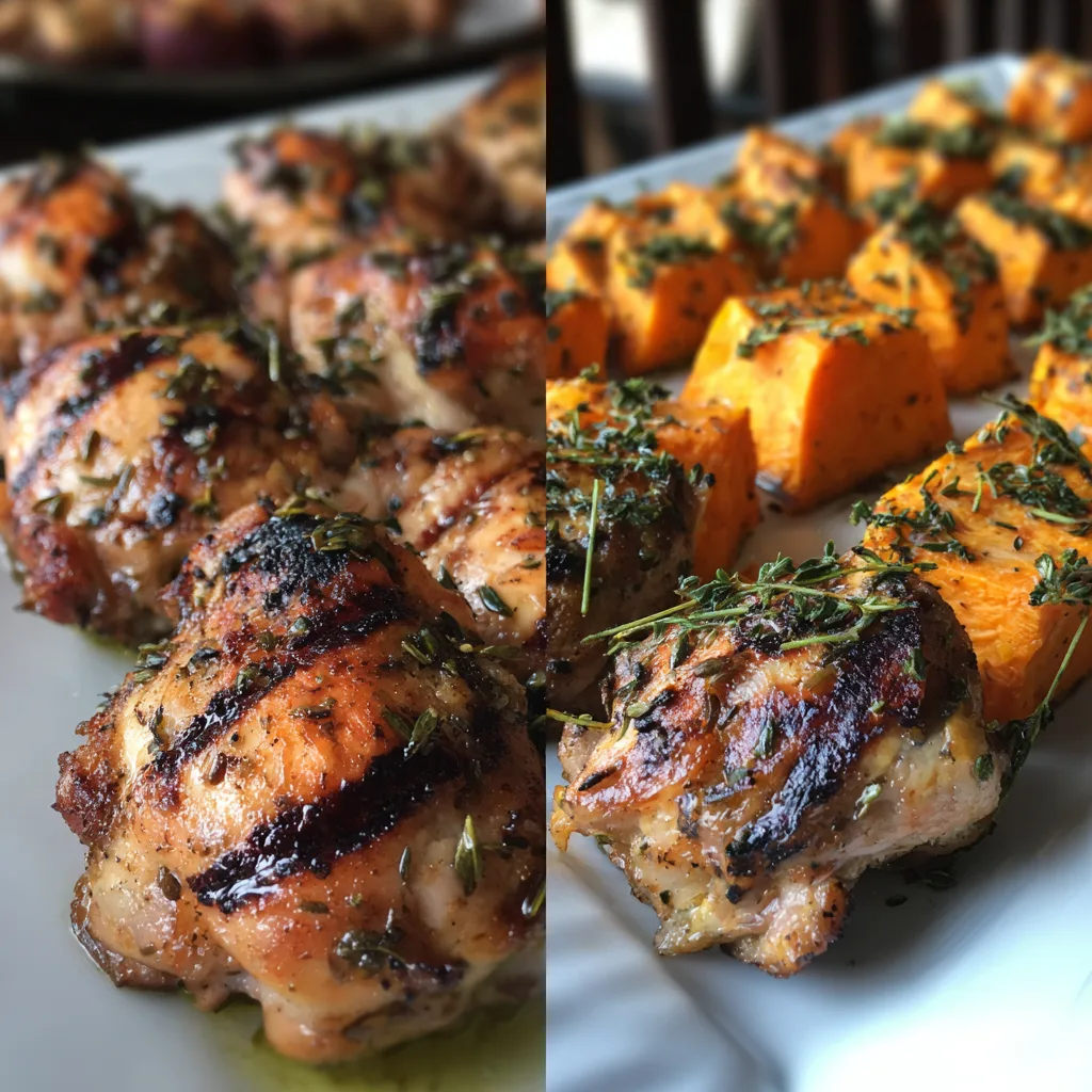 Grilled Chicken Thighs with Herb-Roasted Sweet Potatoes 5 Grilled Chicken Thighs with Herb-Roasted Sweet Potatoes served on white plate with crispy golden skin