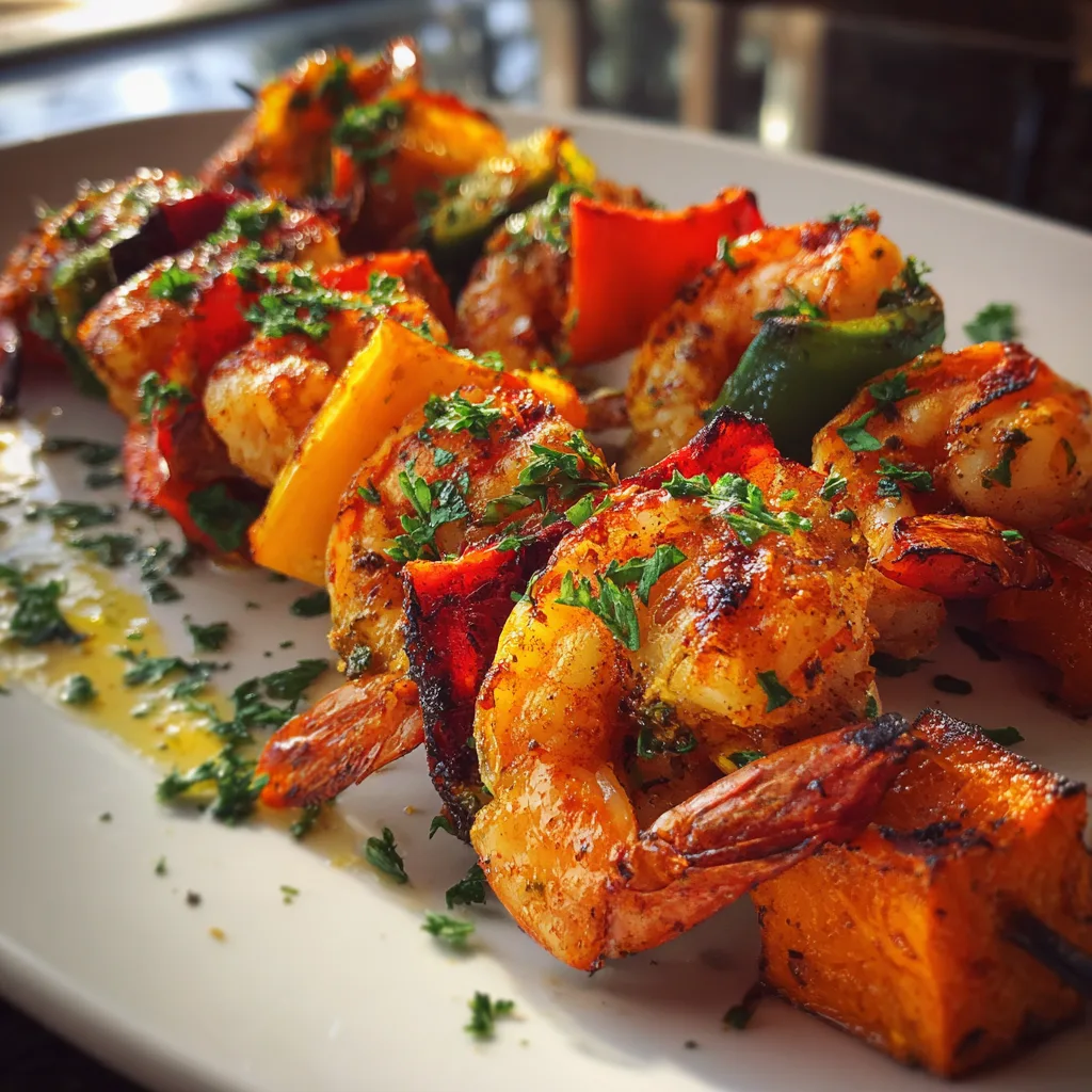 Grilled shrimp sweet potato skewers with bell peppers and vegetables on white plate