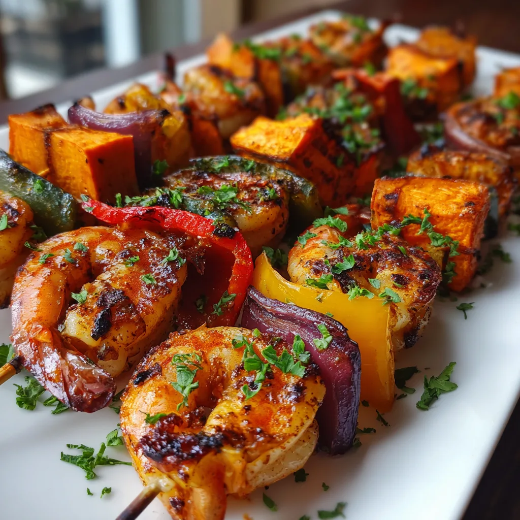 Grilled Shrimp and Roasted Sweet Potato Skewers with Veggies