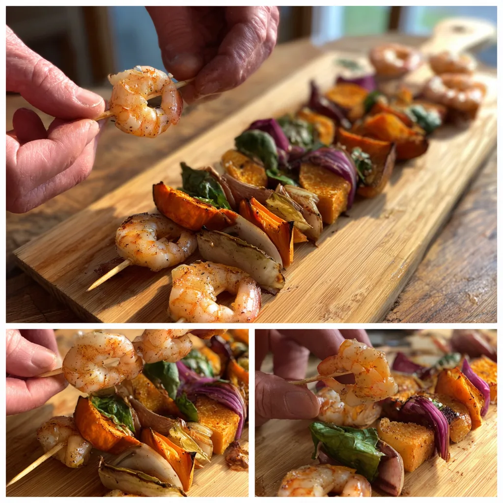 Threading grilled shrimp sweet potato skewers step by step