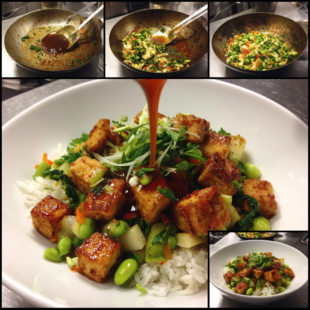 High-Protein Tofu and Edamame Potato Stir-Fry Bowl with crispy tofu, colorful vegetables, and sesame seeds in white bowl